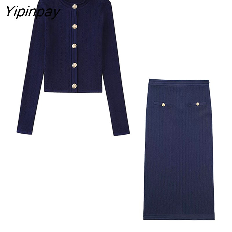 Yipinpay Women Solid Knitted Sets Single Breasted Tops+Mid-Calf Sheath Skirts Sets 2023 Elegant Long Sleeve Casual Sweater