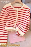 Yipinpay Spring Black White Striped Knitted Cardigan Women Sueter Long Sleeve Sweater Mujer Red Cropped Cardigan Coat Casual