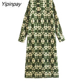 Yipinpay 2023 Summer Women Printed Shirt Dresses Elegant O-neck Single Breasted Dress A-line Long Sleeve Mid-Calf Vestidos