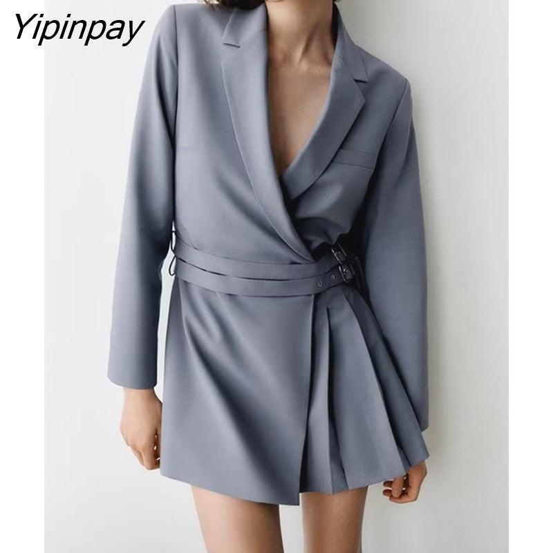 Yipinpay Elegant Women Gray Blazer Dresses With Belt 2023 Fashion Office Outfits Mini Dress Notched Collar Long Sleeve Dress