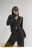 Yipinpay Vintage Lapel Knitted Cardigan Women Spring Autumn Chic Fitness Double Zipper Long Sleeve Sweater with Pockets