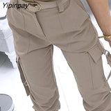 Yipinpay Women Solid Pocket Zipper Design Tied Cuff Cargo Pants Casual Pants Fashion Pants