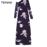 Yipinpay 2023 Women Tulle Printed Asymmetrical Dresses Elegant Party Folds Sexy Party Vestidos Fashion Long Sleeve Mid-Calf Dresses