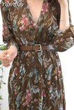 Yipinpay Chiffon Floral Dress Maxi v Neck Long Sleeve Flower Retro Elegant Korean Summer Beach Vestidos Primavera Verano 2023