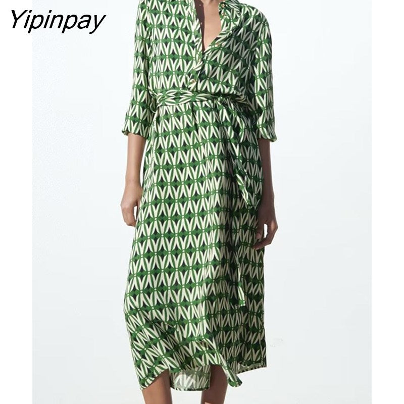 Yipinpay 2023 Women Geometric Dresses With Belt Spring Summer Elegant Turn Down Collar Mid-Calf Dresses A-line Long Sleeve Vestidos