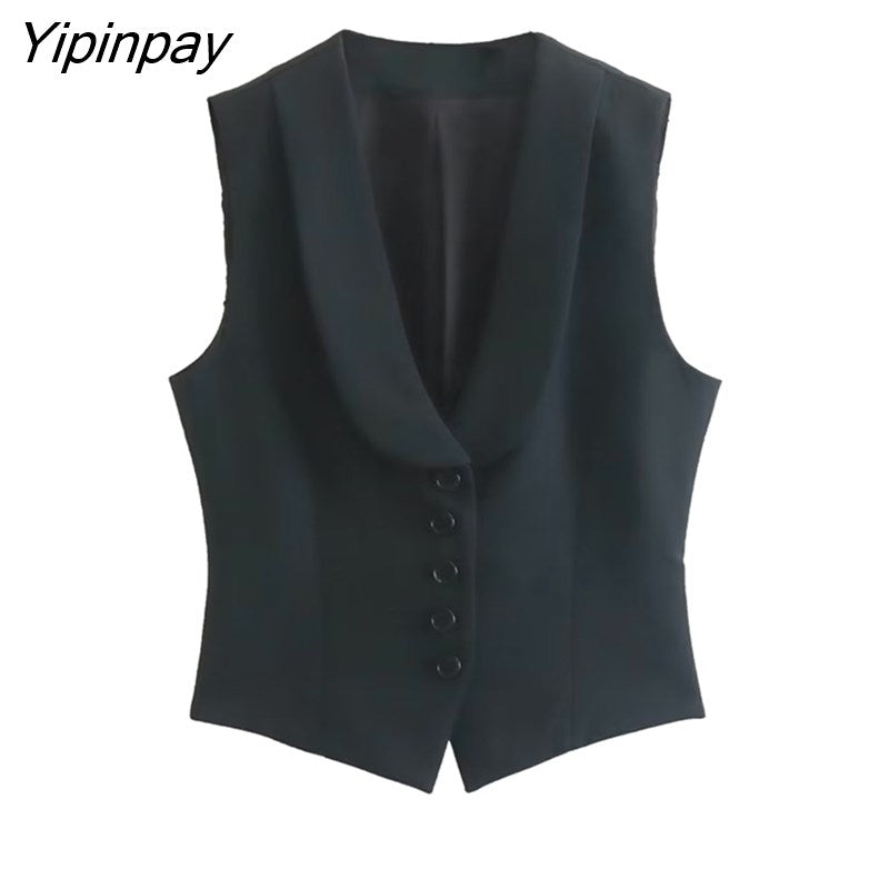 Yipinpay Women Solid Blazer Vest Skirts Sets 2023 Female Elegant Single Breasted Jackets Mid-Calf Pockets Skirt Sleeveless Tops