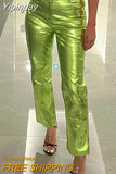Yipinpay Women Metallic Straight-Leg PU Pants Sexy ZA Sparkling High Waist Trousers Streetwear Clubwear Costumes 2023 Spring Fall