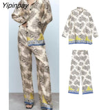 Yipinpay 2023 Spring Autumn Women Printed Shirts Suit Oversized Fashion Single Breasted Blouses 2 Pcs Wide Leg Pants Street Outwear