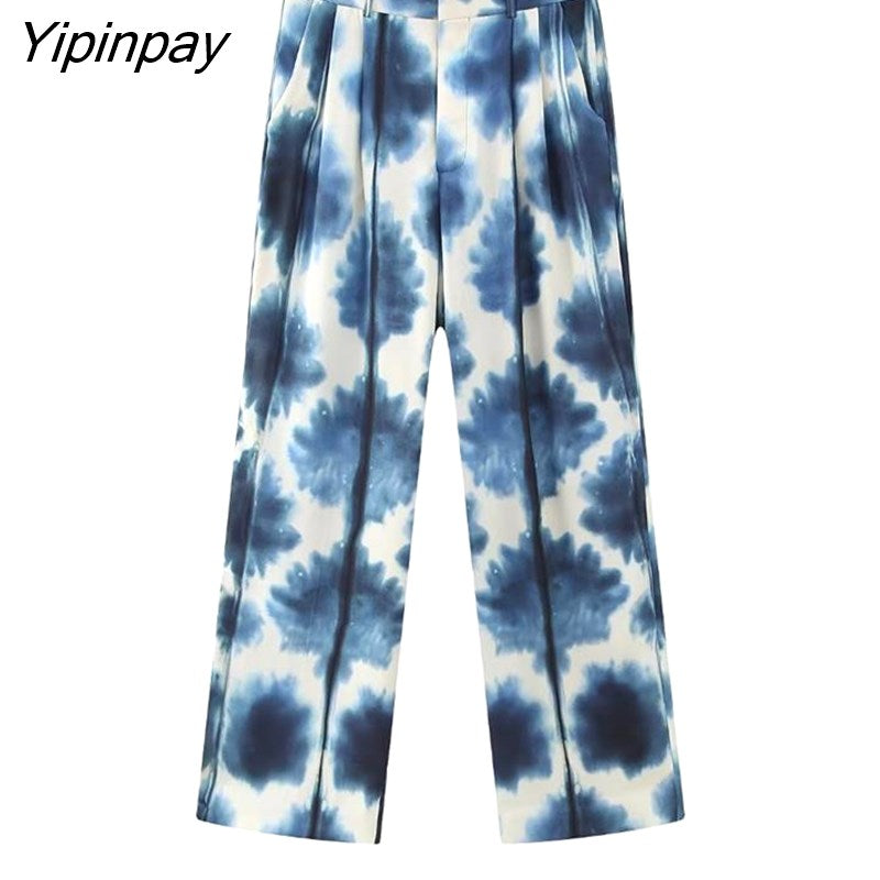 Yipinpay Women Spring Summer Tie-Dyed Thin Blazer Suits Sets 2023 Silk Soft Long Sleeve OL Jacket Wide Leg Print Pants Sets