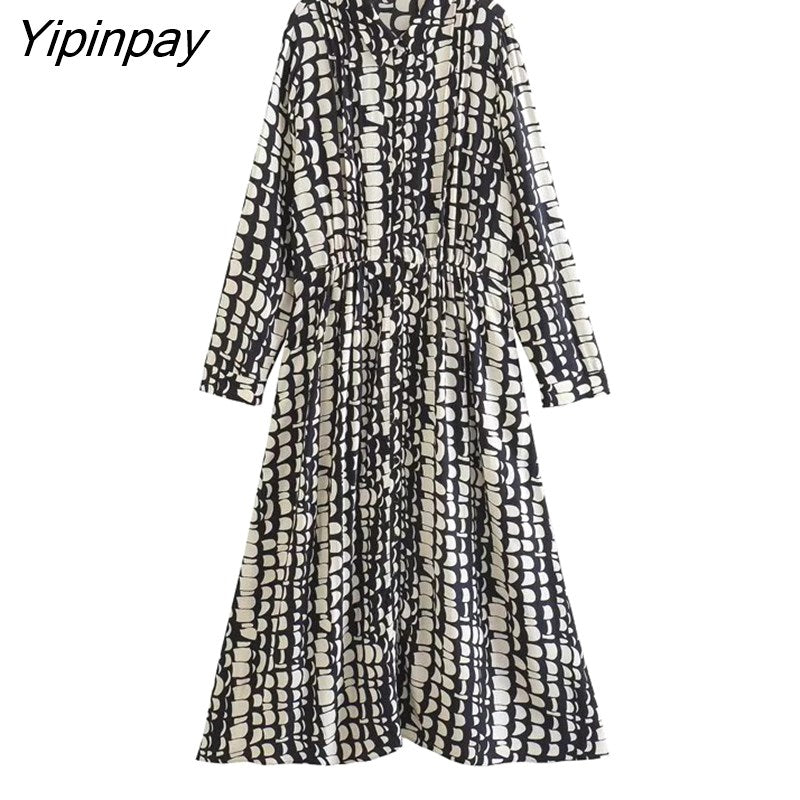 Yipinpay FashionSummer Women Printed Long Dresses 2023 New Elegant Single Breasted Dresses A-line Long Sleeve Mid-Calf Vestidos