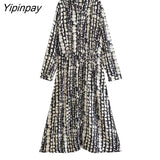 Yipinpay FashionSummer Women Printed Long Dresses 2023 New Elegant Single Breasted Dresses A-line Long Sleeve Mid-Calf Vestidos