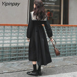 Yipinpay Spring New Women Dress Japanese Preppy style Long black dresses Sailor collar High wait female dress Sweet Girl bing