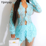 Yipinpay Women Elegant Lace Patchwork Mesh  Hollow Out Asymmetrical Long Sleeves Sexy Blazer Jacket