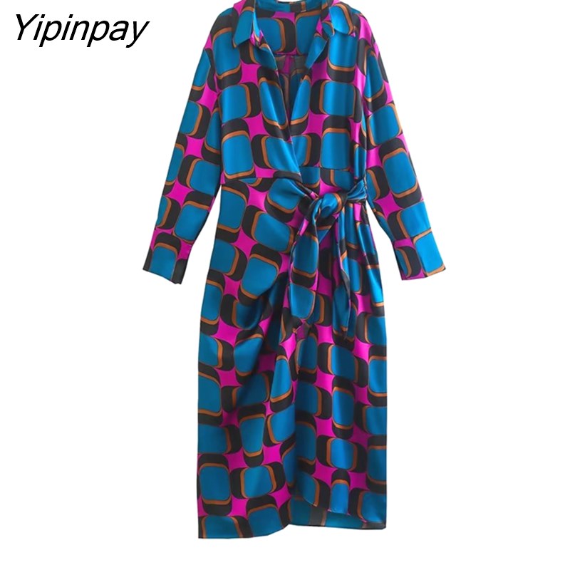 Yipinpay 2023 Spring Autumn Elegant Women Wrap Print Dresses Fashion Bow Mid-Calf DressTurn Down Collar Long Sleeve Vestidos