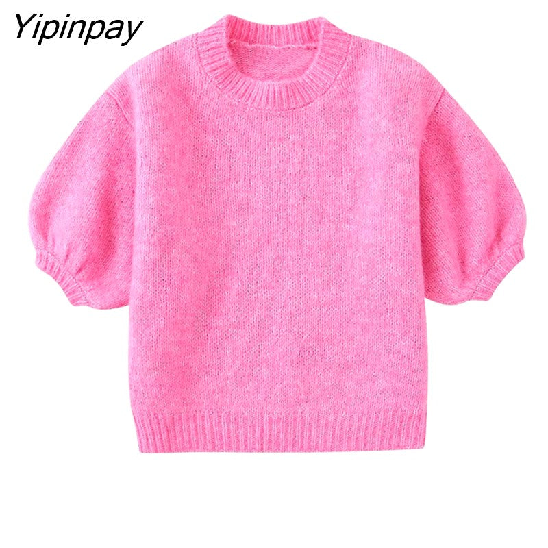 Yipinpay Ladies Autumn Solid Knitted Soft Sweater 2023 Fashion O-neck Pullover Tops Short Sleeve Pink And Yellow Casual Streetwear