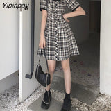 Yipinpay Plaid Dress Women Summer New Korean Slim Plaid Dress Female Square Collar Dresses for Women Party Vestido Feminino
