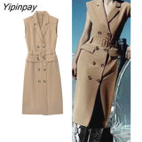 Yipinpay Elegant Women Blazer Dresses With Belt 2023 Autumn Solid Notched Office Lady Dresses Sleeveless Double Breasted Vestidos