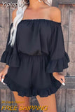 Yipinpay Woman Jumpsuits Elegantoff Shoulder Ruffle Hem Bell Sleeve Romper Casual Vacation New Fashio Female Clothing Outfits