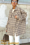 Yipinpay Khaki Shacket Oversized Shirts Womens Dropped Shoulder Plaid Blouses Outwear Street Style Pockets Casual Tops 2023