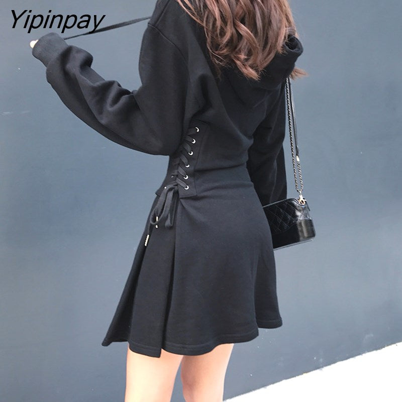 Yipinpay Spring Autumn Women dress Korean style slim high waist Hooded streetwear Corset Lace up Sports dress female dresses