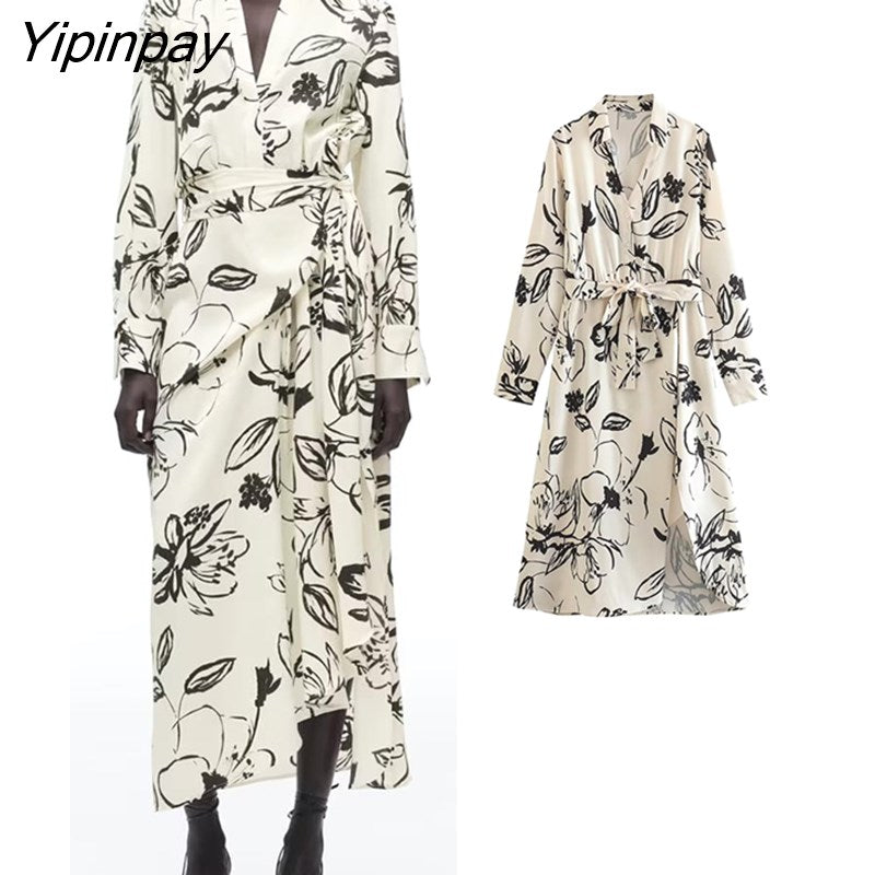 Yipinpay Summer Women Printed Mid-Calf Dresses With Belt 2023 Elegant Fashion Turn Down Collar Dresses A-line Long Sleeve Vestidos