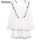 Yipinpay Thin Women Dot Printed Mini Dresses 2023 Summer Fashion V-neck Ruffles Dresses Sweet Long Sleeve A-line Vestidos