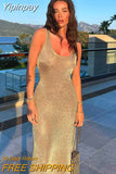 Yipinpay Sparkly Bright Silk Evening Midi Dress Women Sleeveless Long Mermaid Formal Party Prom Gowns Glitter Vestidos Robe