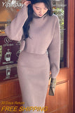 Yipinpay Sweet Knitted Dress Women Winter Korean Vintage Chic High Collar Sweater Dress Casual Slim 2 Piece Sets Womens Outfits