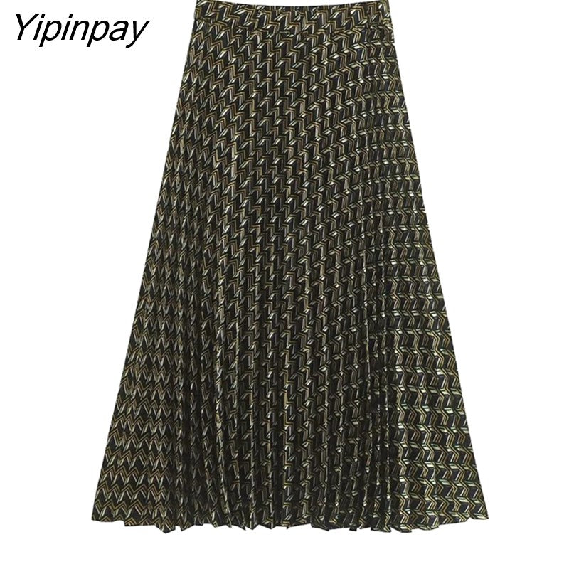 Yipinpay Elegant Geometric Print Skirt Sets 2023 Vintage Soft Long Sleeve Blouse Female Casual Folds A-line Skirt Lady Suit