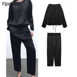 Yipinpay Summer Soft Silk Loose Blouse Pants Sets Suit 2023 Casual Short Tops Elastic Waist Pajama style Pants Outwear