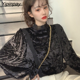 Yipinpay Korean Patchwork Blouses Women Stand Collar Puff Sleeve Long-sleeved Shirt Dropshipping Womens Blouses
