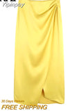 Yipinpay Wrap Satin Skirt Women Yellow Long Skirts Woman Vintage High Waist Slit Skirt Spring 2023 Ruched Elegant Midi Skirts Suits