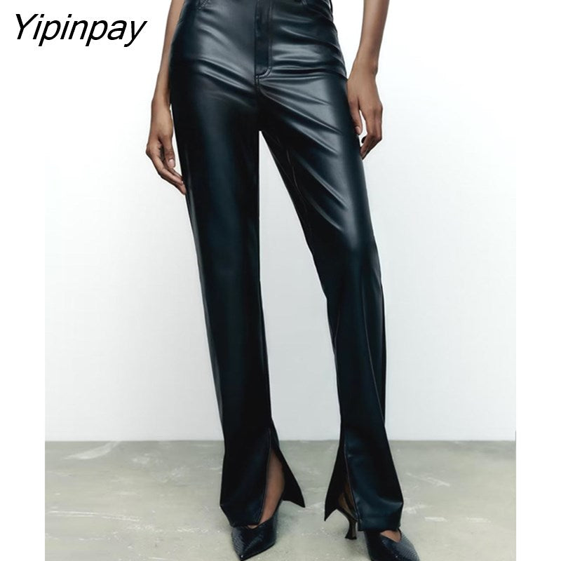 Yipinpay Fashion Women Faux Leather Pants New 2023 Autumn Winter Slim Zipper Female Flare Pants Streetwear PU Trousers