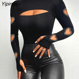 Yipinpay Women Solid Heart Hollow Long Sleeves Rhinestone Decor Cuff Links Skinny Black Blouses Tops