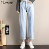 Yipinpay Velvet Jeans Femme Winter Casual Loose Warm Thicken Denim Jeans Woman Black High Waist Wide Leg Pants Mujer