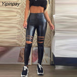 Yipinpay Women Casual High waist Zipper PU leather Pothole Skinny Pencil Pants