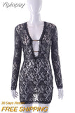 Yipinpay Lace Mesh Long-sleeved Dress For Women 2023 Summer Beach Sexy V-neck Hollow Vestir Femme Hot Girl Street Mini Dresses