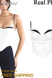 Yipinpay Thick Satin Bustier Corset Crop Top with Chest Pads Spaghetti Strap White Bodycon Top Summer Women Tops with Fishbone