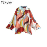 Yipinpay Women Geometric Print Pant Shirt Sets 2023 New Summer Fashion Single Breasted Blouse+Wide Leg Pants Causal Outwear