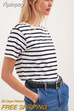 Yipinpay Street Women Stripe Basic Tee Shirts O-Neck Casual Print Loose Cotton Tops Short Sleeve Summer 2023 Fashion T-Shirt