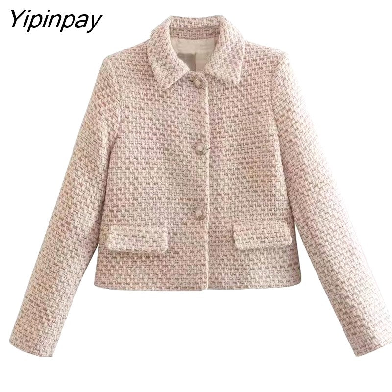 Yipinpay Women Plaid Blazer Coat 2023 Autumn Fashion Office Outfits Long Sleeve Flap Pockets Female Chic Street Outerwear