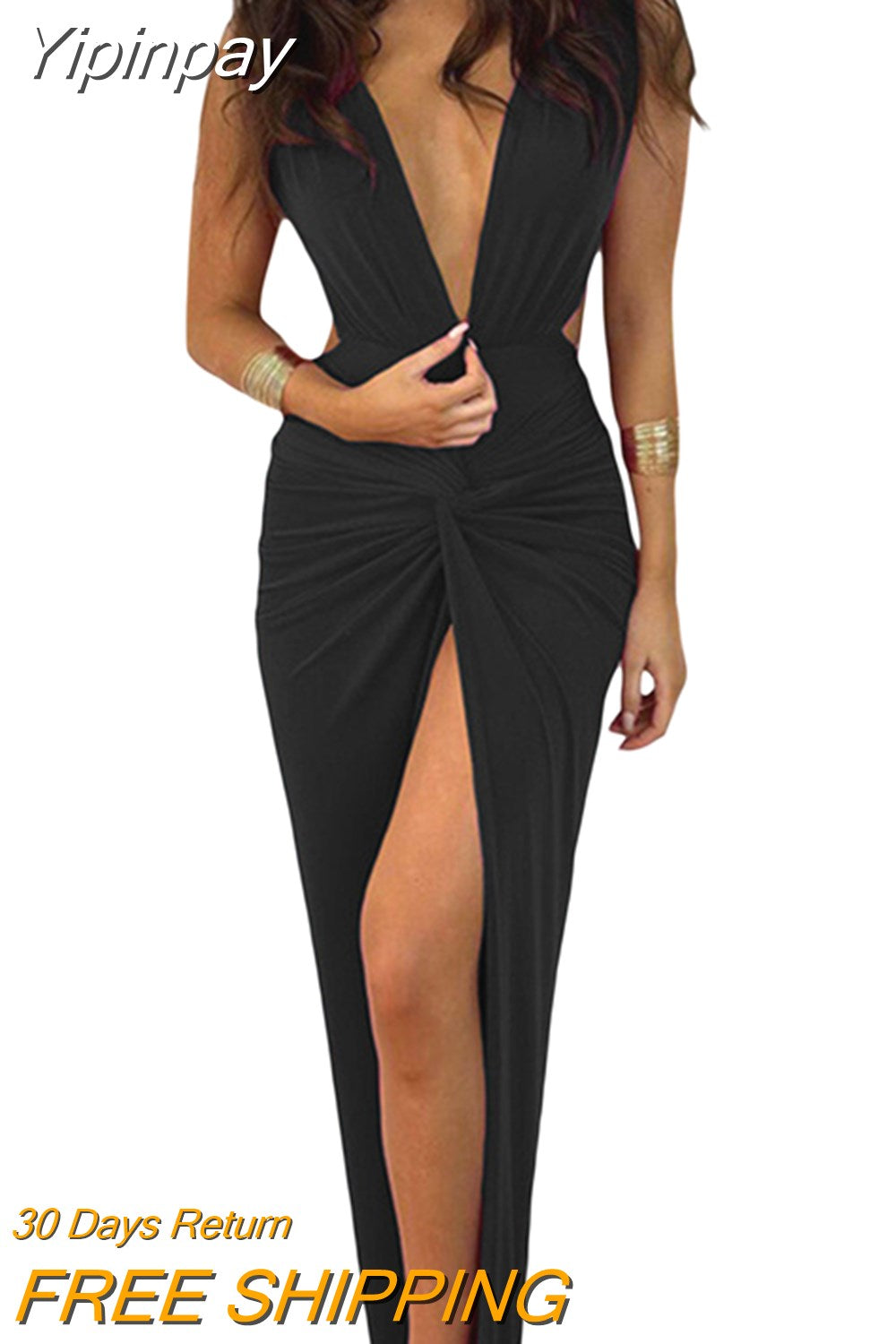 Yipinpay Backless Wrapped Slit Bodycon Dress for Women Summer Elegant Fashion Sleeveless Deep V Neck Twist Ruched Long Tank Dress