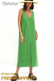 Yipinpay Elegant Green Straight Long Dress Women Summer Sexy Sleeveless V-Neck Split Dress 2023 Ladies Split Tank Dress Solid