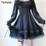 Yipinpay 2023 Sweet Summer Dress Women Gothic Black Lace Patchwork Black Dress High Waist Female Dresses