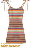 Yipinpay Summer Korean 2 Piece Dress Set Woman Rainbow Sexy Bodycon Strap Mini Dress + Pure Color Long Sleeve Tops Elegant Suit