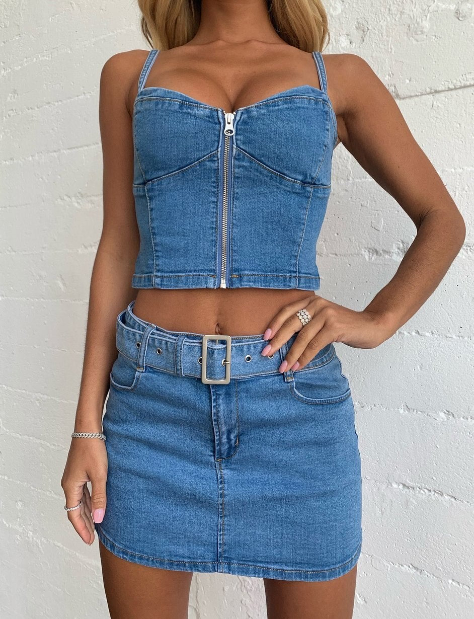 Yipinpay Blue Denim Two Pieces Skirts Sets Women Jeans Streetwear Low Cut Straps Bustier Crop Tops+Mini Bodycon Skirts Club Sets