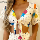 Yipinpay Tie Chest Print Two-Piece Set & Shorts Sets Summer suit