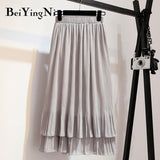 Yipinpay Vintage Pleated Skirt Women Ruffles Lining Chiffon Patchwork Black Casual Midi Skirts Long Korean Saias Mujer Faldas