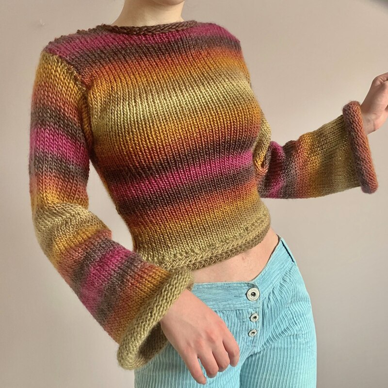 Yipinpay Vintage Rainbow Striped Knitted Sweaters Autumn Winter Crimping Long Sleeve Cropped Pullovers Jumpers Streetwear Chic Women 911