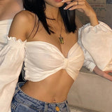 yipinpay Bow Women White Shirts Crop Top Puff Long Sleeve Off Shoulder Shirt Elegant Party Streetwear 2023 Spring Club